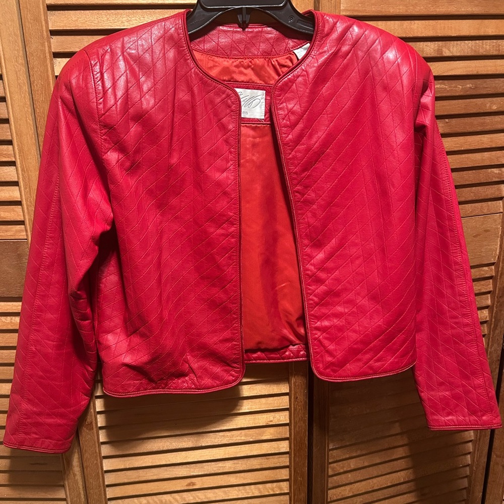 Vintage Lord & Taylor Red Genuine Leather Quilted Cropped Open Front Jacket
